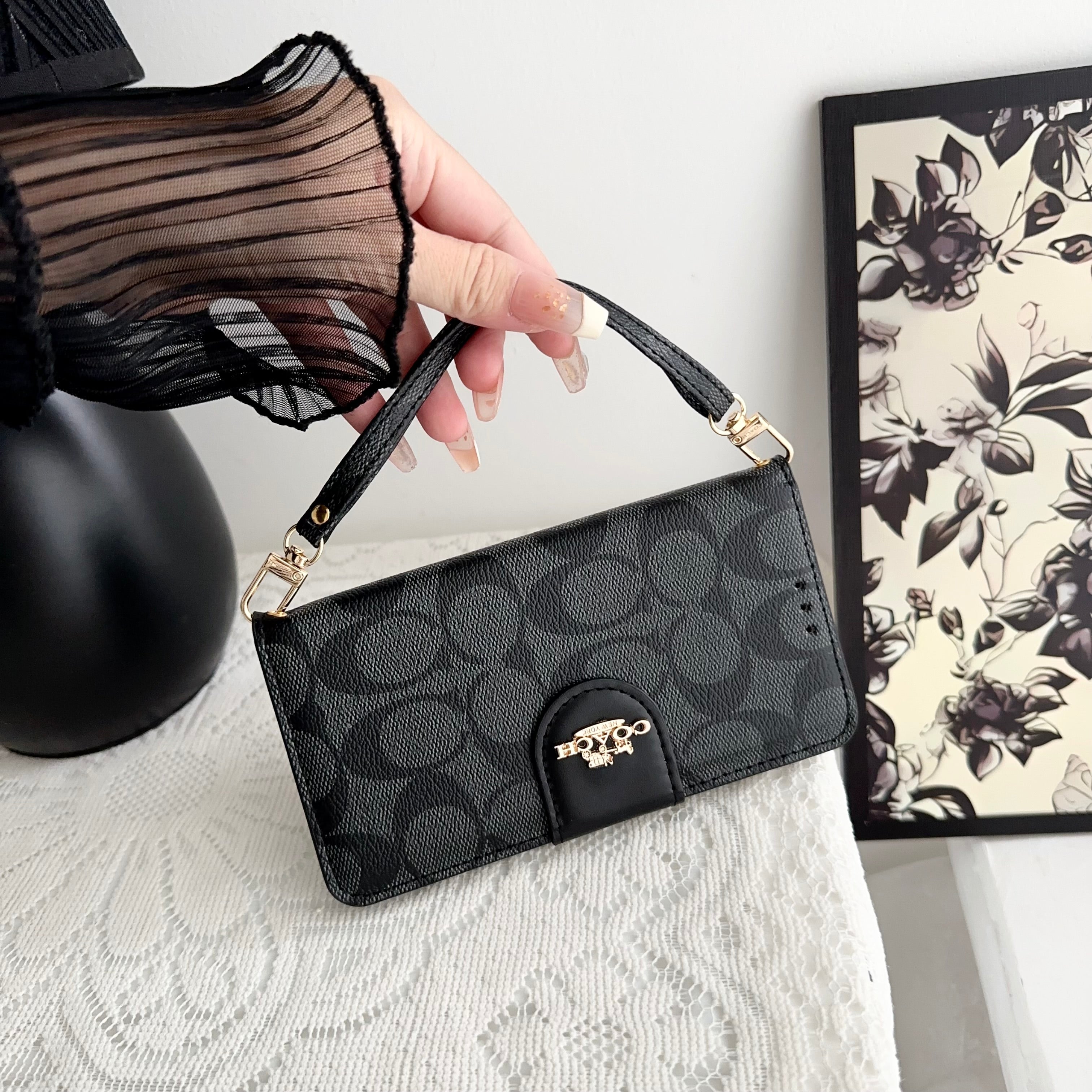 Coach iPhone Case Leather Flip Case with Card Holder Black-PTK241622