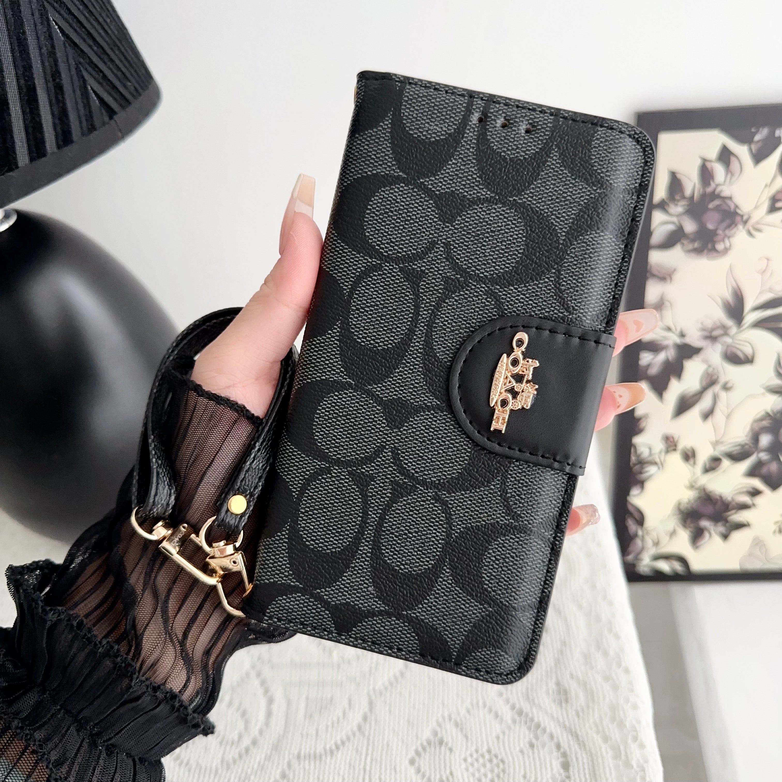 Coach iPhone Case Leather Flip Case with Card Holder Black-PTK241622